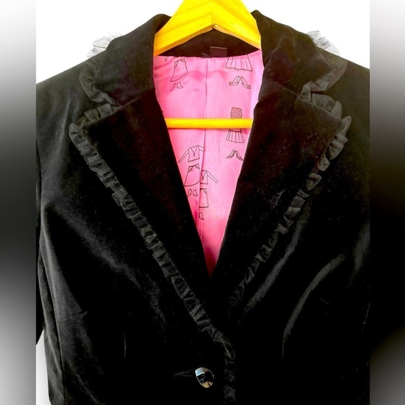 Velvet Blazer Suit‎ Jacket Mesh Trim Ruffle Two Button Front Pocket Size 2 - Picture 4 of 10